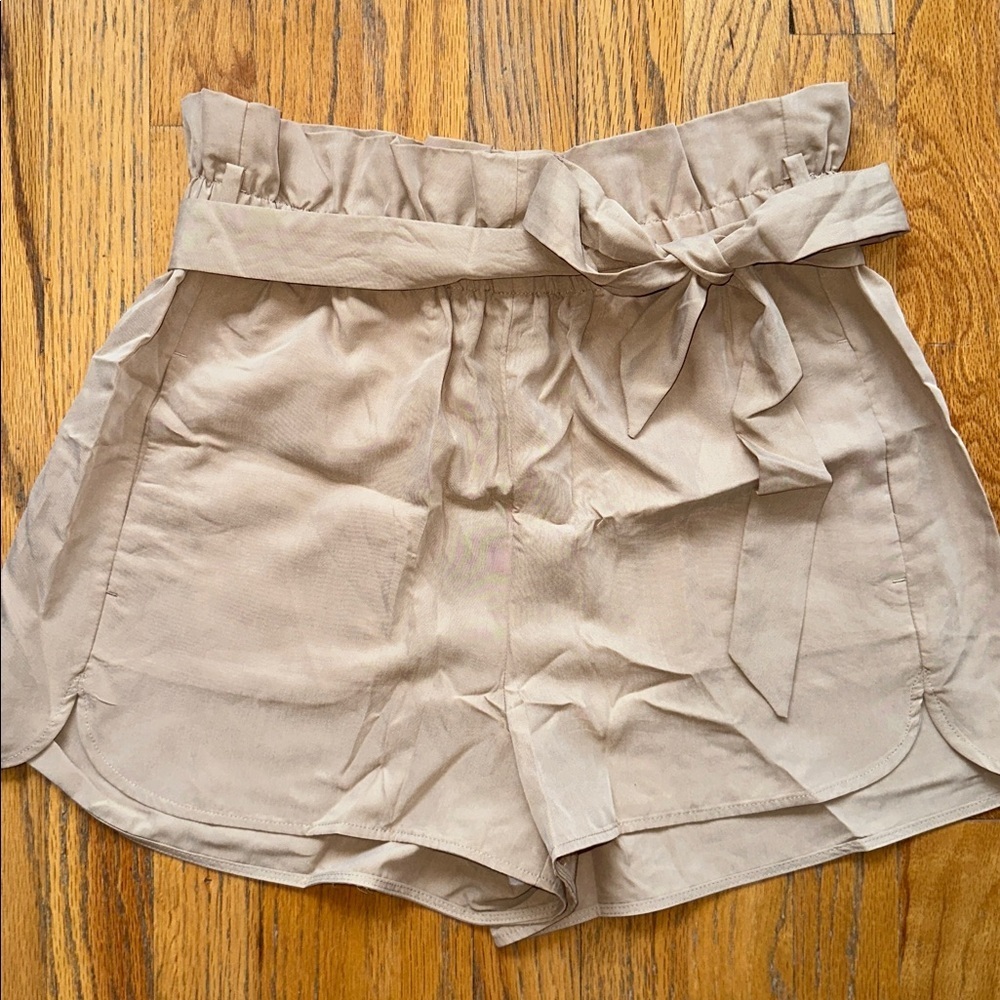 Express Tan High Waist Shorts with Paper Bag Waist - Picture 2 of 4